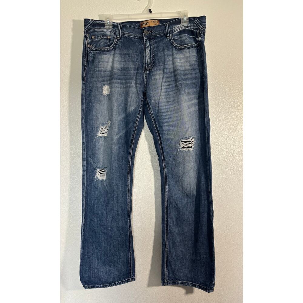 Seven7 Men's Size 38x34 Straight Fit Distressed Jeans Medium Wash Blue Denim